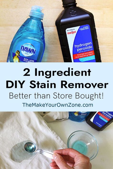 Make your own stain remover with this super simple two ingredient recipe using Dawn dish soap and hydrogen peroxide. It works great and is a great way to save money too. Dawn Cleaner, Homemade Stain Remover, Hydrogen Peroxide Cleaner, Baking Soda Hydrogen Peroxide, Homemade Stain Removers, Remove Deodorant Stains, Stain Remover Clothes, Diy Stain Remover, Laundry Stain Remover