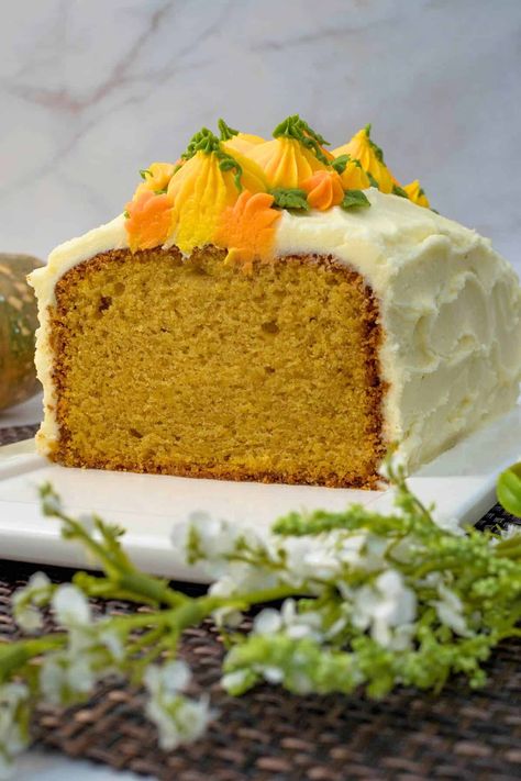 Pumpkin Spice Pound Cake with Cream Cheese Frosting | Decorated Treats Pound Cake With Cream Cheese, Spice Pound Cake, Pumpkin Pound Cake, Pumpkin Uses, Cake With Cream Cheese Frosting, Yellow Foods, With Cream Cheese Frosting, Cake Board, Loaf Cake