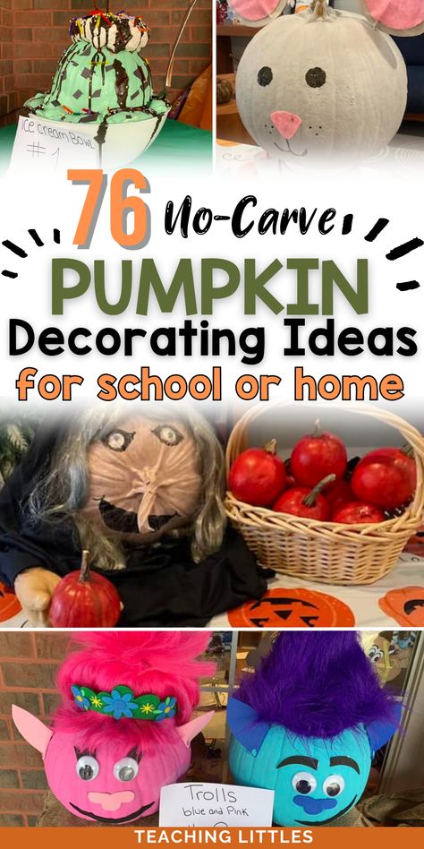 Unleash your imagination and embrace the autumn spirit with our diverse pumpkin decorating ideas, perfect for any celebration. These are no-carve pumpkin painting ideas for a school contest or home. Pumpkin Decoration Ideas Easy Contest, Pumpkin School Contest, Pre K Pumpkin Decorating Ideas, Rehab Pumpkin Decorating, Sam I Am Pumpkin, Er Pumpkin Decorating, Animal Themed Painted Pumpkins, Wilson Pumpkin Painting, Pumpkin Decorating Contest Kindergarten