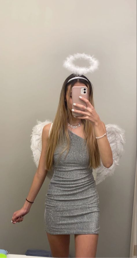 Grey Dress Halloween Costume, Silver Angel Costume, Preppy Angel Costume, Silver Dress Halloween Costume, Simple Angel Costume, Hot Angel Costume, Grey Halloween Costume, Diy Angel Costume, Cute Angel Costume