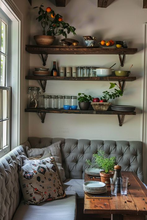 17 Ideas to Create the Perfect Farmhouse Breakfast Nook – Everyday Inspo Kitchen Nook Shelving Ideas, Cottage Kitchen Breakfast Nook, Modern Farmhouse Breakfast Nook, Corner Window Seat, Table Nook, Farmhouse Breakfast Nook, Farmhouse Breakfast, Distressed Wood Table, Morning Kitchen