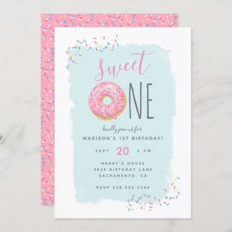 $1.95 | Bright Pink Doughnut Sprinkle Sweet 1st Birthday - watercolor, bright, trendy, pink, sprinkle, first, colorful, doughnut, 1st birthday, sweet one Pink Doughnut, Donut Invitation, Donut Birthday Party, Pink Doughnuts, Birthday Donuts, Pink Donut, Donut Birthday, Fun Invitations, Birthday Postcards