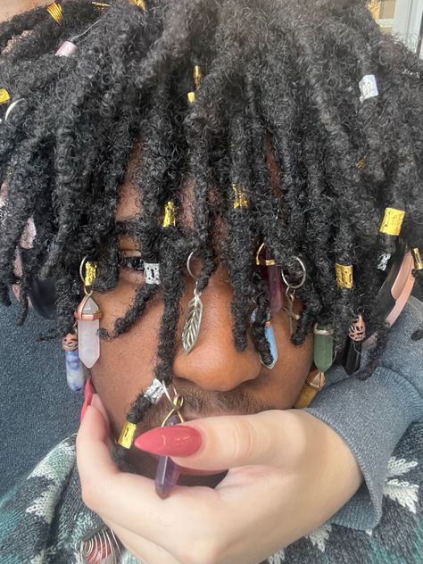 Dread Heads With Crystals, Guy With Crystals In Dreads, Alt Dreads Men, Loc Charms Men, Crystals In Locs Guys, Dreads With Crystals Men, Crystals On Locs, Loc Jewelry Crystals, Hair Beads Men