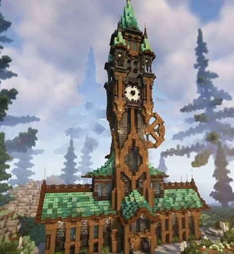 Minecraft Water Feature Ideas, Minecraft Clocktowers, Minecraft Steampunk Clock Tower, Minecraft Steampunk Castle, Steampunk Minecraft Builds House, Steampunk Tower Minecraft, Steampunk Minecraft Base, Steam Punk Minecraft House, Steampunk Building Minecraft