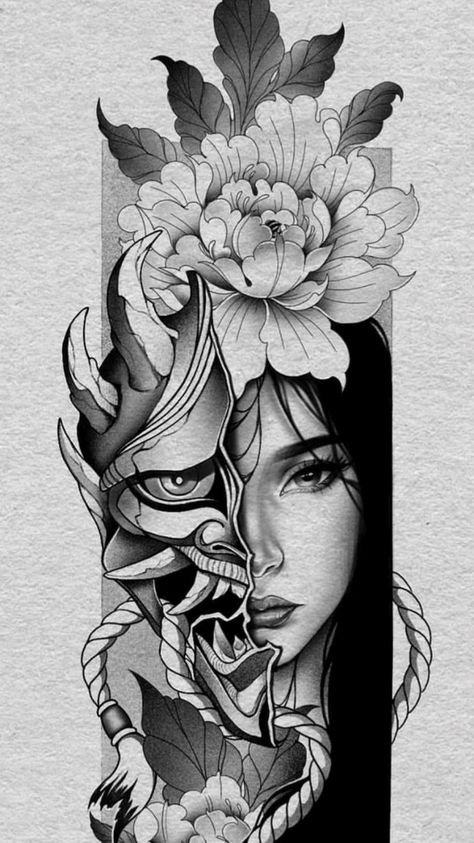 Female Samurai Tattoo, Hannya Maske Tattoo, Tato Geisha, Tato Irezumi, Tato Realis, Tato Phoenix, Geisha Tattoo Design, Hannya Mask Tattoo, Samurai Tattoo Design