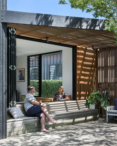 Breeze House | Ben Callery Architects | Architecture & Design Red Brick Paving, Front Extension, Outside Spaces, Home Extension, Window Seat Design, Bench Design, Modern Deck, Brick Paving, House Extension Design