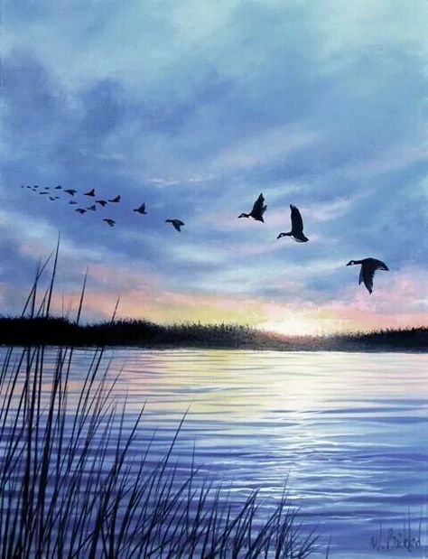 Ducks over blue lake Lake Painting, Watercolor Paintings Easy, Watercolor Landscape Paintings, Blue Lake, Sunset Painting, Birds Flying, Pictures To Paint, Water Colour, Watercolor Landscape