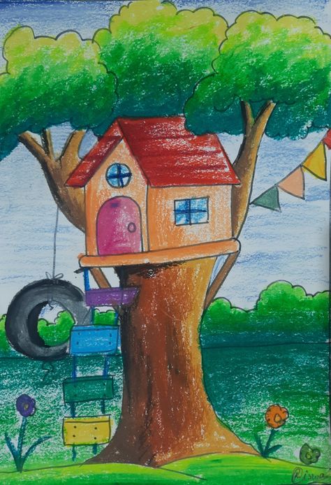 Tree house, for kids , easy , pastel colors Tree House Drawing Easy, Tree House For Kids, Tree Drawing For Kids, Tree House Drawing, Simple House Drawing, Scenery Drawing For Kids, House For Kids, Beginner Drawing, Scenery Drawing