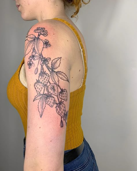 Peony And Strawberry Tattoo, Strawberry Vine Arm Tattoo, Strawberry Leaves Tattoo, Strawberry Wrap Around Tattoo, Strawberry Floral Tattoo, Strawberry Plant Tattoo Black And White, Strawberry Tattoo Sleeve, Strawberry Vine Tattoos, Strawberry Sleeve Tattoo