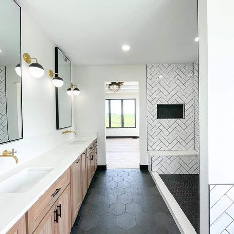 Black Hexagon Tile Bathroom, Bathroom Modern Farmhouse, Hexagon Tile Bathroom, Master Bath Tile, Black Floor Tiles, Bathroom Modern, Bathroom Redesign, Master Bath Remodel, Bathroom Remodel Shower