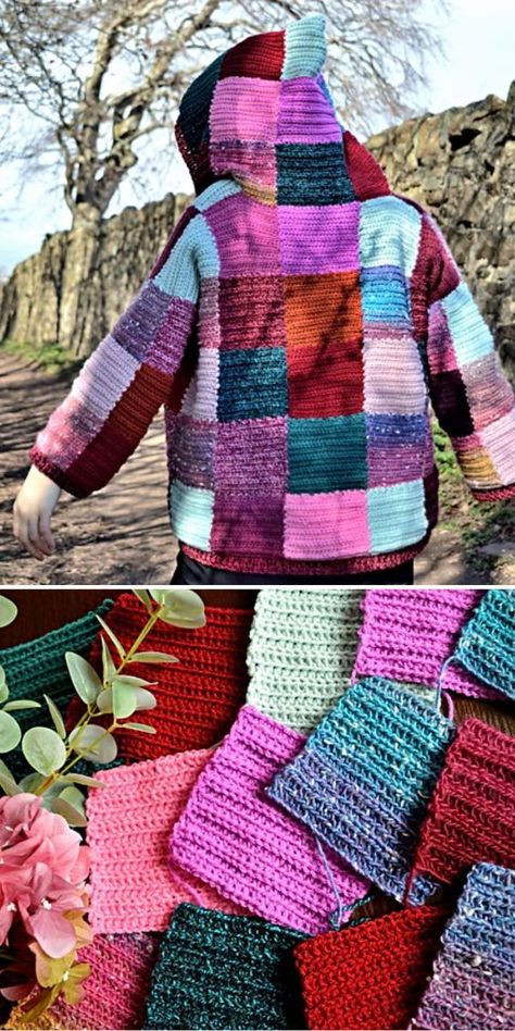 Patchwork Knitting Sweater, Crochet Hoodie Blanket Free Pattern, Crochet Granny Square Hooded Cardigan, Patchwork Sweater Pattern Free, Crochet Sweater Squares Pattern, Granny Square Hoodie Pattern Free, Scrap Yarn Cardigan Crochet, Granny Square Hoodie Pattern, Wearable Crochet Projects