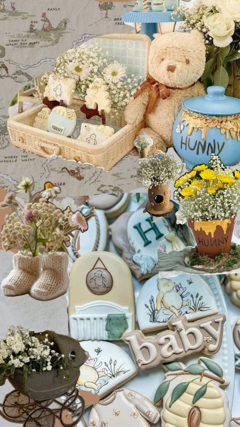 Green, blue, floral, yellow, hunny, vintage baby shower Vintage Pooh Bear Baby Shower Ideas, Old Winnie The Pooh Baby Shower Ideas, Vintage Winnie The Pooh Baby Shower Ideas, Spring Baby Shower Themes Neutral, Pooh Themed Baby Shower Ideas, Winnie The Pooh Themed Baby Shower Ideas, Hundred Acre Woods Baby Shower Ideas, Spring Baby Shower Ideas For Boys, Vintage Pooh Baby Shower Ideas