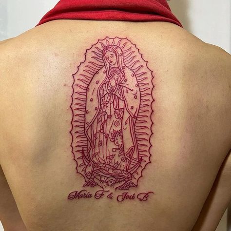 Red Ink Virgencita Tattoo, Red Medium Tattoos, Virgin Mary Spine Tattoo, Red Ink Virgin Mary Tattoo, Virgen De Guadalupe Tattoo Ideas Back, Virgencita Back Tattoo, Virgin Mary Tattoo For Women On Back, Mexican Back Tattoo Women, Guadalupe Back Tattoo