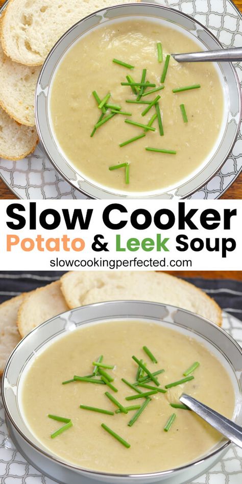 All the steps to making a potato and leek soup in the slow cooker. Potatoe And Leek Soup Crockpot, Crockpot Potato Leek Soup, Potato And Leek Soup Slow Cooker, Instant Pot Potato Leek Soup Recipes, Instapot Potato Leek Soup, Leak And Potato Soup Slow Cooker, Potatoe Leek Soup Recipe, Slow Cooker Potato Leek Soup, Vegan Potato Leek Soup Crock Pot