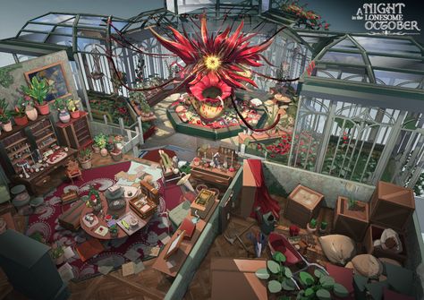 ArtStation - A Night in the Lonesome October - Conservatory Moonlit Conservatory, Strixhaven Dnd, Dnd Architecture, House Conservatory, Airship Art, Feng Zhu Design, Feng Zhu, Town Ideas, Building Layout