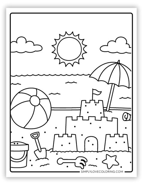 Free summer coloring pages are the perfect activity for homeschooling, classrooms, teachers, kids' activities, and educational activities. Sandcastle Coloring Page, Colouring Pages For Kindergarten, Beach Theme Coloring Pages, Preschool Summer Coloring Pages, Summer Coloring Pages Free Printable Preschool, Summer Camp Coloring Pages, Beach Classroom Activities, Summer Preschool Activities Crafts, Summer Printables Free Preschool