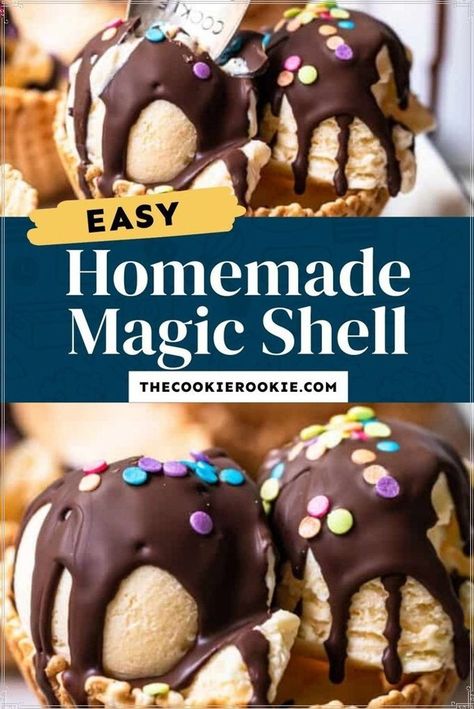 Chocolate Coating Recipe, Hard Chocolate Shell, Magic Shell Ice Cream Topping, Magic Shell Recipe, Chocolate Ice Cream Topping, Homemade Magic Shell, Fancy Ice Cream, Homemade Chocolate Sauce, Ice Cream Sauce