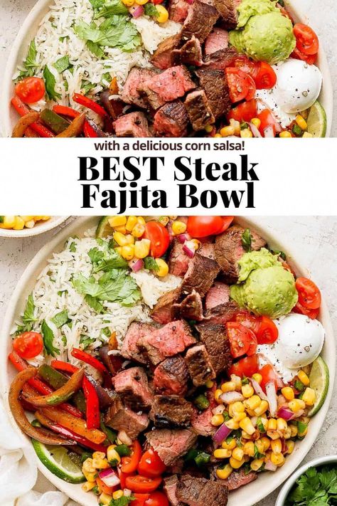 Steak Fajita Bowl - an absolutely delicious steak fajita rice bowl that is kid-friendly and packed with flavor! Great for meal prep! #steakfajitabowl #steakfajitabowlrecipe #steakfajitabowlshealthy #steakfajitabowlmealprep Beef Fajita Salad Bowl, Beef Fajita Salad, Healthy Meal Prep Steak, Healthy Beef Fajita Recipe, Healthy Fajita Bowl Meal Prep, Steak Fajita Rice Bowl, Steak Bowls Healthy Meal Prep, Steak Fajita Bowls With Garlic Lime Rice, Flank Steak Rice Bowl