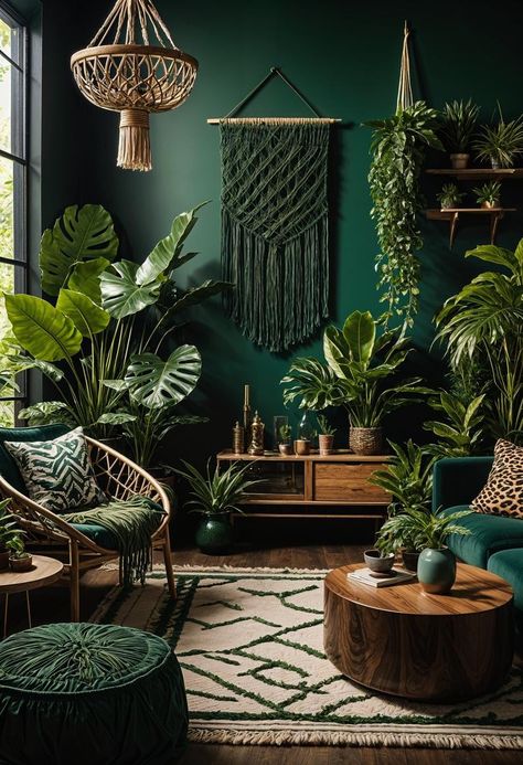 Dark Boho Living Room, Boho Living Room Inspiration, Dark Boho, Living Room Transformation, Deco Jungle, Living Room Green, Room With Plants, Green Rooms, Boho Living