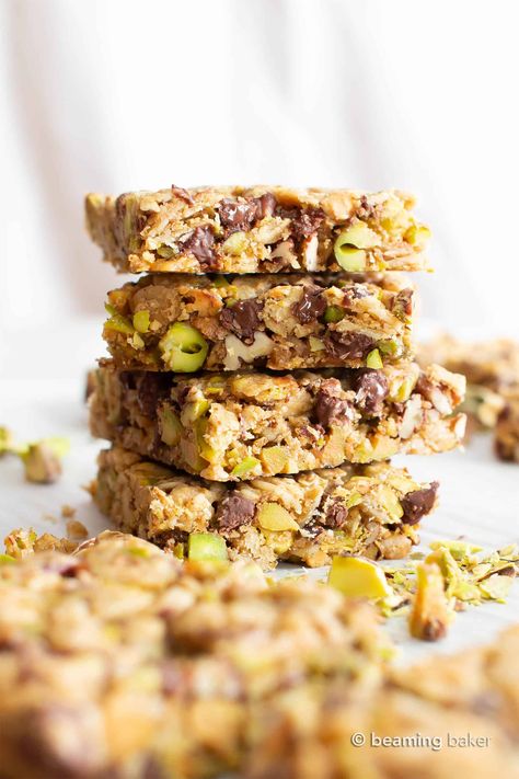 Healthy Vegan Bars, Healthy Pistachio Recipes, Pistachio Snacks, Pistachio Recipes Healthy, Gluten Free Pistachio, Pistachio Bars, Flaxseed Crackers, Beaming Baker, Snack Bar Recipes