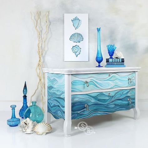 This serpentine lowboy dresser was a custom order I had back in January.The abstract waves were all done with DIY Paint with a touch silver metallic for highlights. You can read an article about my furniture art in @theturquoiseirisjournal when you subscribe here https://www.theturquoiseirisjournal.com/subscribe/ https://etsy.com/shop/scenicroutehwy Order DIY Paint https://diypaint.co/?aff=83 Sideboard Bathroom Vanity, French Provincial Buffet, Minion Humour, Kraken Art, Beach House Furniture, Hand Painted Dressers, Beach Furniture, Furniture Painting Techniques, Diy Furniture Renovation