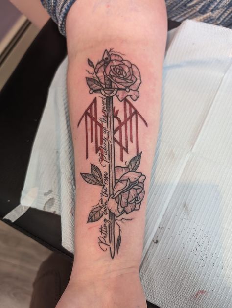 Combination Tattoo Ideas, Thieves Guild Tattoo, Tattoo Ideas To Get For Your Mom, Goth Tattoo Ideas For Women, Cool Forearm Tattoos For Women, Gothic Forearm Tattoo, Rock Band Tattoos, Dark Romance Tattoo, Haunting Adeline Tattoo