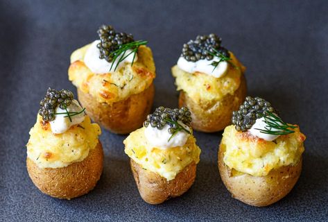 Twice Baked Baby Potatoes with Paddlefish Caviar Mini Potatoes With Caviar, Potatoes With Caviar, Potato Chips And Caviar, Mini Twice Baked Potatoes Appetizers, Caviar Baked Potato, Caviar Potatoes, Paddlefish Recipe, Mini Twice Baked Potatoes, Baked Baby Potatoes