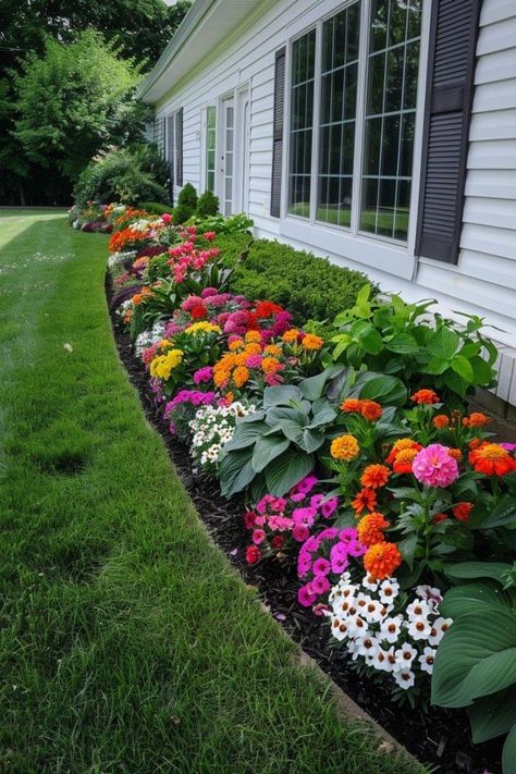 Front Yard Flowers Landscaping, Front Yard Flower Bed Ideas Perennials, Front Small Yard Landscaping, Ranch Garden Ideas, Flower Border Landscape, Front Porch Garden Ideas Flower Beds, Outdoor Flower Bed Ideas, Front Of House Flowers, Flower Garden Ideas In Front Of House