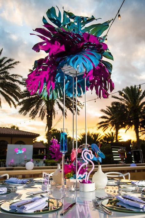 Jake’s Miami Vice Inspired Bar Mitzvah – Lisa Pierce Events | Event and Wedding Planner Havana Beach Party, Miami Vice Centerpieces, Miami Vice Table Decor, Miami Vice Party Decorations, Miami Vice Theme Party Decor, Miami Wedding Ideas, Retro Miami Party Theme, Miami Themed Party, Miami Vice Wedding