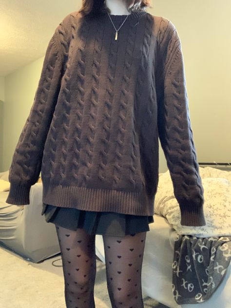 brown sweater, black pleated skirt, heart tights Autumn Outfits With Tights, Heart Tights Outfit Aesthetic, Brown Knitted Sweater Outfit, Sweater And Tights Outfit, Black Pleated Skirt Outfit Aesthetic, Brown Skirt Aesthetic, Pleated Skirt With Tights, Sweater Tights Outfit, Brown Knit Sweater Outfit