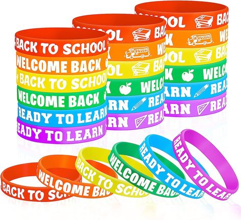 Creative supplies for welcome back to school: each back to school themed bracelet is printed with some cheerful words to express the enthusiasm for students returning to school, matched with some interesting elements, which can make you plunge into the school atmosphere as soon as possible Open House Gifts For Students, Back To School Bracelets, First Day Of School Party, Open House Gifts, School Gifts For Students, School Bracelets, First Week Of School Ideas, Classroom Prizes, Gifts For Students