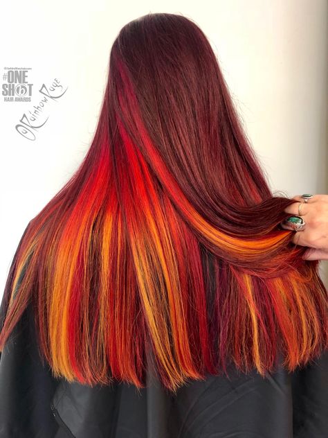 Sunset hair fire hair underneath red hair redhead pravana Red Hair With Rainbow Underneath, Red Orange Yellow Peekaboo Hair, Red And Orange Peekaboo Hair, Fall Vivid Hair Color For Brunettes, Sunrise Hair, Fire Hair Color, Fire Red Hair, Sunset Hair, Fire Hair