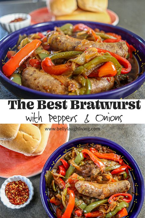 Best Bratwurst Recipes, Brats And Peppers And Onions, Braughtworst Recipes, Keto Bratwurst Recipes, Bockwurst Recipe, Braut Recipes Dinners, Braut Recipes Bratwurst, Bratwurst Dinner Ideas, Bratwurst Dinner