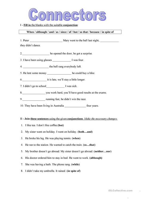 CONNECTORS - English ESL Worksheets Sentence Connectors, Teaching Conjunctions, Conjunctions Worksheet, Esl Writing, Verb Practice, Ela Worksheets, Linking Words, Worksheets For Grade 3, Grammar For Kids