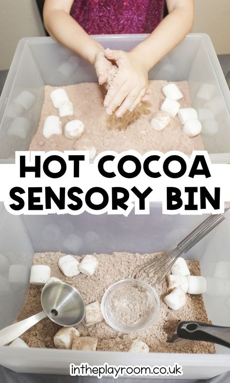 Hot Cocoa Sensory Play for Toddlers - In The Playroom New Year Sensory Play, Hot Chocolate Sensory, Sensory Play For Toddlers, Sensory Bin For Toddlers, Winter Sensory Bin, Kids Sensory Activities, Sensory Play Toddlers, Hot Cocoa Recipe, Rainy Day Fun