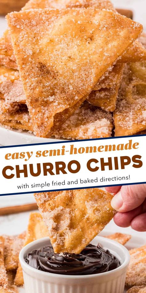 Everything you love about churros, in fun and snack-able chip form! These churro chips are perfect for dipping, or used as a base for some Mexican-style dessert nachos! With both fried and baked directions, you can find a method that works best for you. Nutella Nachos, Desserts Made With Flour Tortillas, Churro Tortilla Chips, Nacho Dessert, Sweet Mexican Desserts, Dessert Using Tortillas, Churro Pie, Easy Tortilla Dessert Recipes, Desert Tacos Recipes