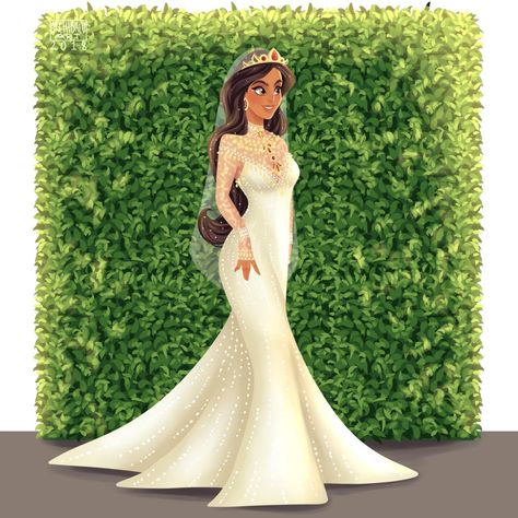 At Last, We See the Light, Thanks to Rapunzel's Wedding Dress | Disney Princesses as Brides Art | POPSUGAR Smart Living Photo 19 Disney Princess Wedding Dresses, Disney Princess Wedding, Jasmine Wedding, Disney Bride, Disney Jasmine, Disney Belle, Sleeved Wedding, Disney Princess Modern, Disney Princess Fashion