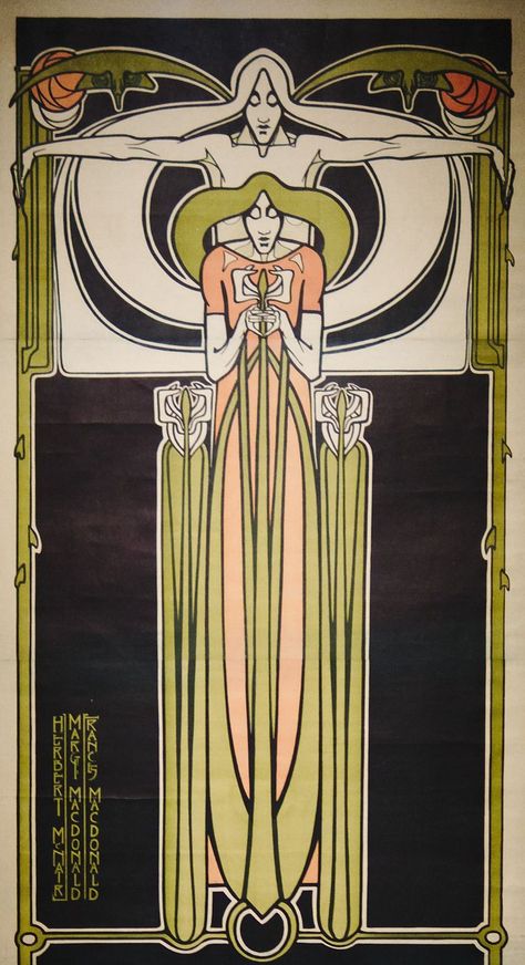 Detail of a poster for the Glasgow Institute of the Fine Arts, ca. 1895. Designed by Frances Macdonald (1873–1921), Margaret Macdonald (1864–1933), and James Herbert McNair (1868–1955). Collection of Glasgow Museums, Scotland. Photo: Victoria Emily Jones, at the Walters Art Museum exhibition "Designing the New: Charles Rennie Mackintosh and the Glasgow Style." Frances Macdonald, Charles Rennie Mackintosh Designs, Glasgow Girls, Glasgow Style, James Herbert, Mackintosh Design, Glasgow Museum, Museum Exhibition Design, Charles Rennie Mackintosh