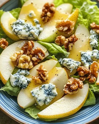 Barefoot Contessa Pear and Blue Cheese Salad Recipe Pear Cheese Salad, Pear Walnut And Blue Cheese Salad, Pear Salad With Blue Cheese, French Huguenots, Blue Cheese Salad Recipes, Pear And Blue Cheese Salad, Pear And Blue Cheese, Blue Cheese Salad, Ina Garten Recipes