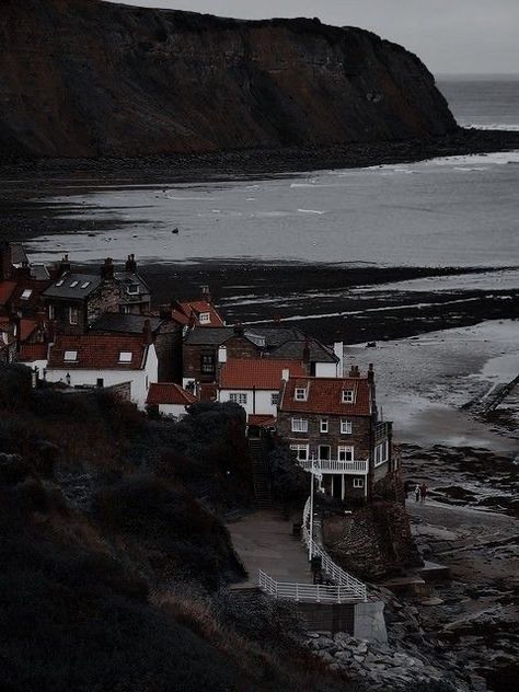 Maine Seaside Aesthetic, Spooky Seaside Town, Coastal Town Aesthetic Dark, Dark Beach House Aesthetic, Coastal Dark Academia, Vintage Fisherman Aesthetic, English Seaside Aesthetic, Coastal Gothic Aesthetic, Nocticadia Aesthetic