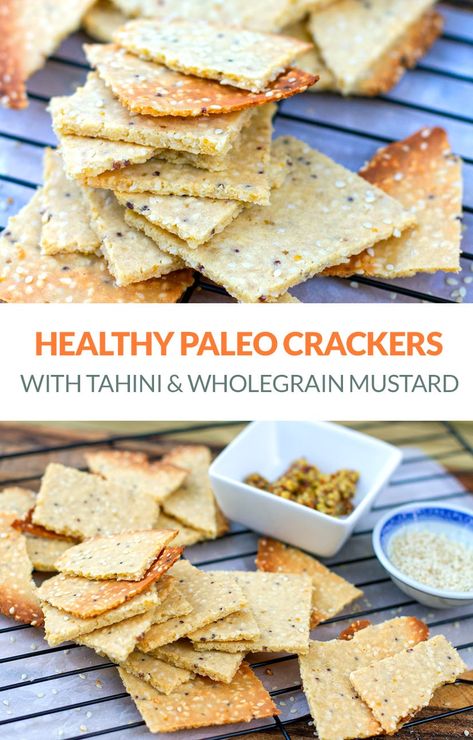 Paleo Crackers With Sesame Seeds, Tahini & Wholegrain Mustard (Nut-Free, Grain-Free, Healthy Recipe) #paleocrackers #crackers #paleo #grainfree #baking #snacks #paleosnacks Whole 30 Crackers, Grain Free Crackers Recipe, Aip Crackers, Almond Flour Crackers Vegan, Paleo Crackers, Healthy Crackers, Low Carb Crackers, Beetroot Dip, Paleo Bread