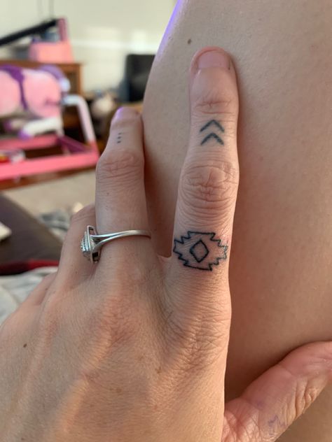 Aztec finger ring tattoo Thunderbird Finger Tattoo, Aztec Hand Tattoos For Women, Small Western Finger Tattoos, Dainty Knuckle Tattoos, Native Finger Tattoo, Hand Tattoos For Women Country, Western Full Sleeve Tattoo, Woman’s Finger Tattoos, Punchy Cowgirl Tattoo