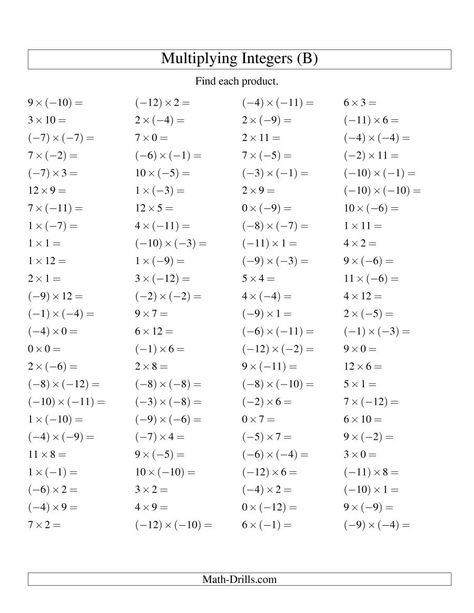 The Multiplying Integers -- Mixed Signs (Range -12 to 12) (B) Math Worksheet from the Integers Worksheets Page at Math-Drills.com. Multiplication Of Integers, Multiplying Mixed Numbers, Multiplying Integers, Multiplying And Dividing Integers, Dividing Integers, Math Integers, Integers Worksheet, Integer Operations, Math Practice Worksheets