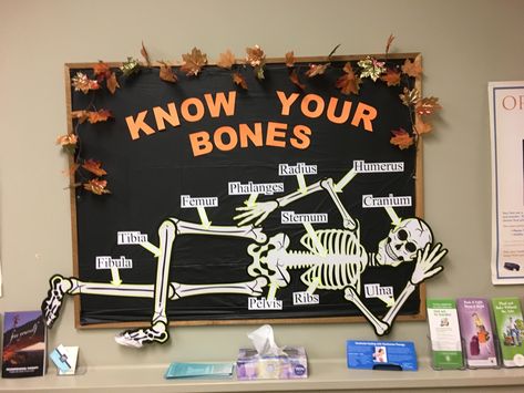 Halloween bulletin board for doctor’s office:) Doctors Day Notice Board Decoration, Halloween Bulletin Boards For Hospital, Halloween Office Bulletin Board Ideas, Halloween Pe Bulletin Boards, Halloween School Nurse Bulletin Boards, Halloween Science Bulletin Boards, Fall Bulletin Boards For Nurses Office, Halloween Clinic Decorations, Fall Doctors Office Decor