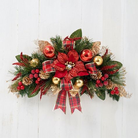 Artificial Flower Arrangements Centerpieces, Poinsettia Centerpiece, Ribbon Display, Poinsettia Wreath, Red Poinsettia, Candleholder Centerpieces, Tabletop Christmas Tree, Christmas Candle Holders, Plaid Ribbon