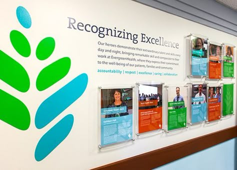 EVERGREENHEALTH EMPLOYEE RECOGNITION EXHIBIT WALL: Recognition Board, Fame Ideas, Photo Display Ideas, Campaign Strategy, Office Wall Graphics, Office Graphics, Social Media Creative, Culture Wall, Photo Wall Display