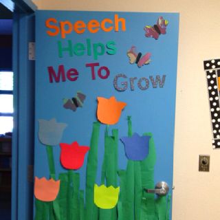 Door decorating ideas Therapy Door Decorations, Speech Room Door Decor, Door Decor School, Speech Teacher Appreciation Door, School Door Ideas, Spring Speech Bulletin Boards, Office Door Decor, Flower Teacher Appreciation Door, Speech Classroom Decor