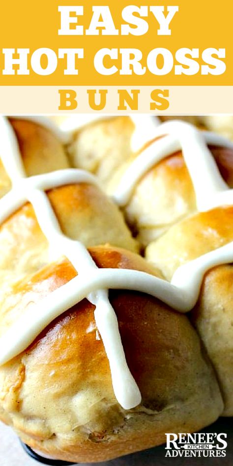 Easy Hot Cross Buns by Renee's Kitchen Adventures are an Easter tradition! Sweet yeast dough dotted with golden raisins and frosted with a cross. Easy to make at home. This is the Best hot cross bun recipe I've found and I'm sharing it with you! #hotcrossbuns #hotcrossbunrecipe #Tradtionalhotcrossbuns Hot Cross Buns Recipe Easy, Buns Recipe Easy, Recipe Runner, Cross Buns Recipe, Hot Cross Buns Recipe, Buns Recipe, Sweet Dough, Easter Bread, Cloud Bread