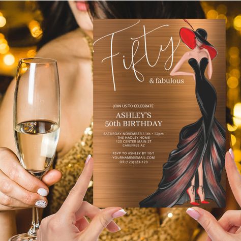 Elegant Fifty and Fabulous 50th Birthday Invitation 50th Birthday Party Themes, Fifty And Fabulous, 92nd Birthday, 50th Birthday Invitation, Womans Dress, 50th Birthday Party Invitations, 55th Birthday, Fifty Birthday, 50th Birthday Invitations