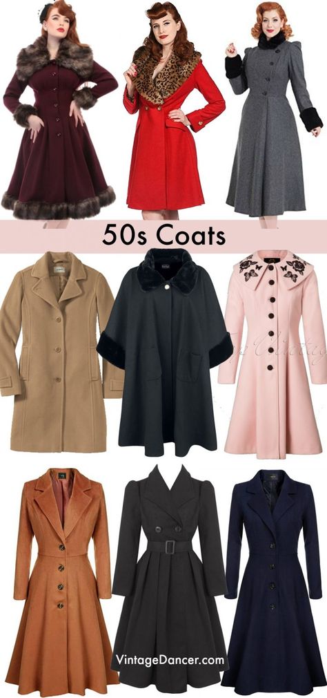 1950s coats, pin up coats, vintage swing coats, winter coats and outerwear at vintagedancer.com 1950s Jacket, Women's Winter Coats, Coats Vintage, Womens Fashion Casual Fall, Fashion 1950s, Womens Fashion Casual Spring, Womens Fashion Casual Summer, Moda Vintage, Winter Coats